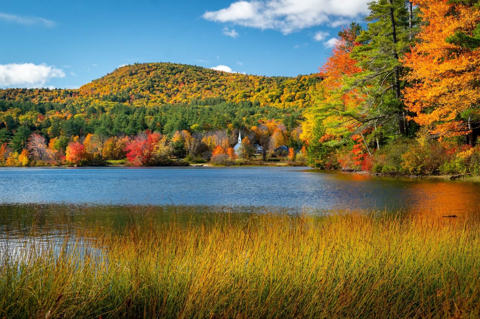 Fall color over a lake in Mt. Washington Valley
